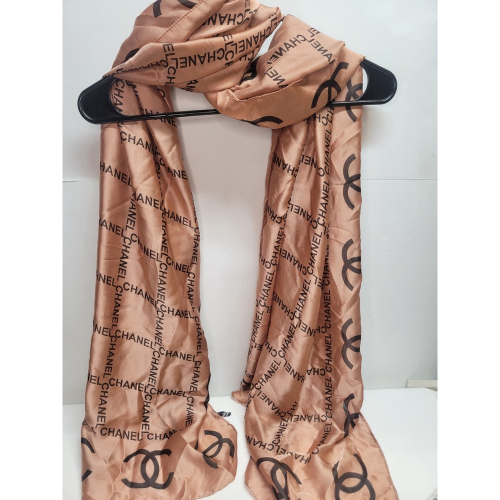 Chanel Silk Scarf CC Logo Print Beige Made in France Luxury Accessory 72x36 - Picture 7 of 7